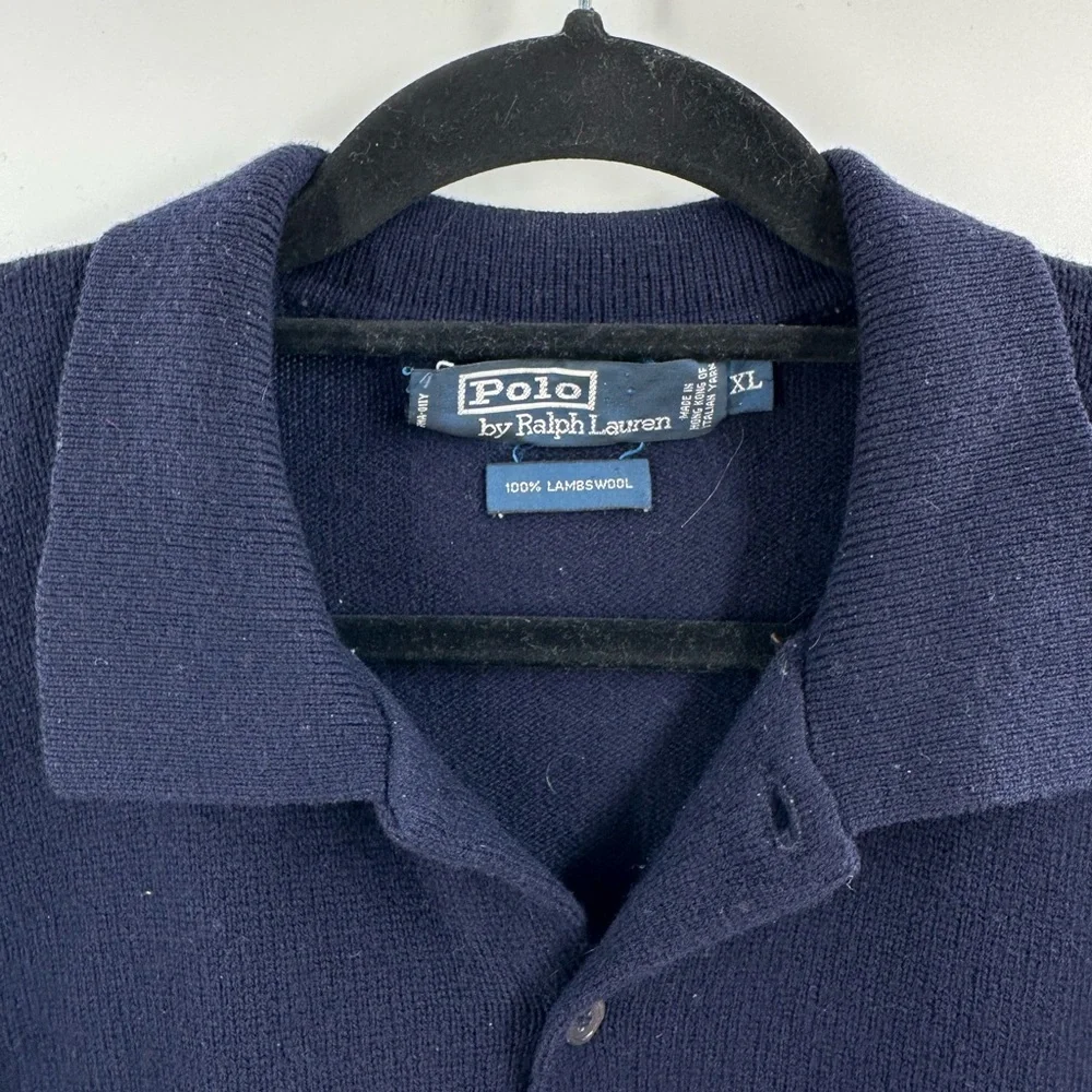 Polo Ralph Lauren Vintage Navy Blue Lambswool Pullover Collared Sweater XL